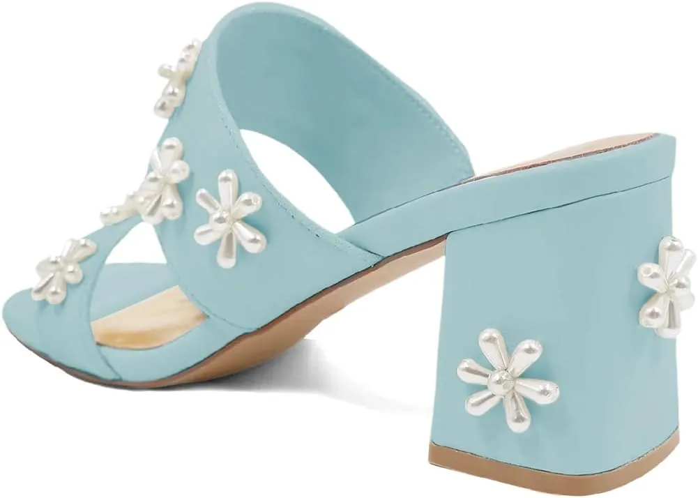 XYD Women Pearl Flower Block Sandals for Bride Wedding Open Toe Mid Heel Mules Double Strap Dress Shoes