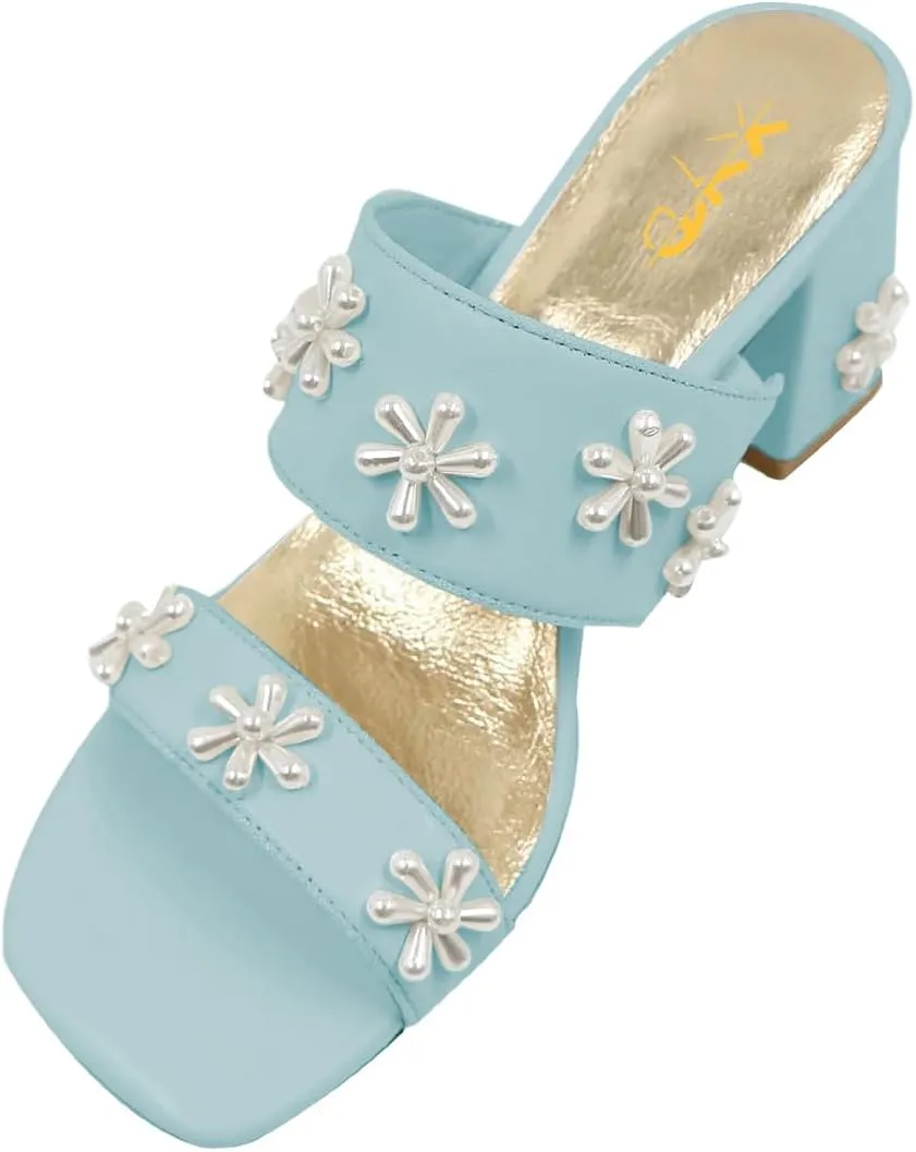 XYD Women Pearl Flower Block Sandals for Bride Wedding Open Toe Mid Heel Mules Double Strap Dress Shoes