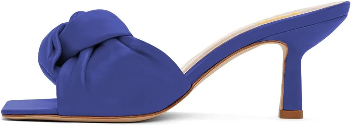 XYD Women's Square Open Toe Kitten Heel Slides Sandals Mid Heels Mules Slip On Fashion Knot Dress Party Summer Shoes