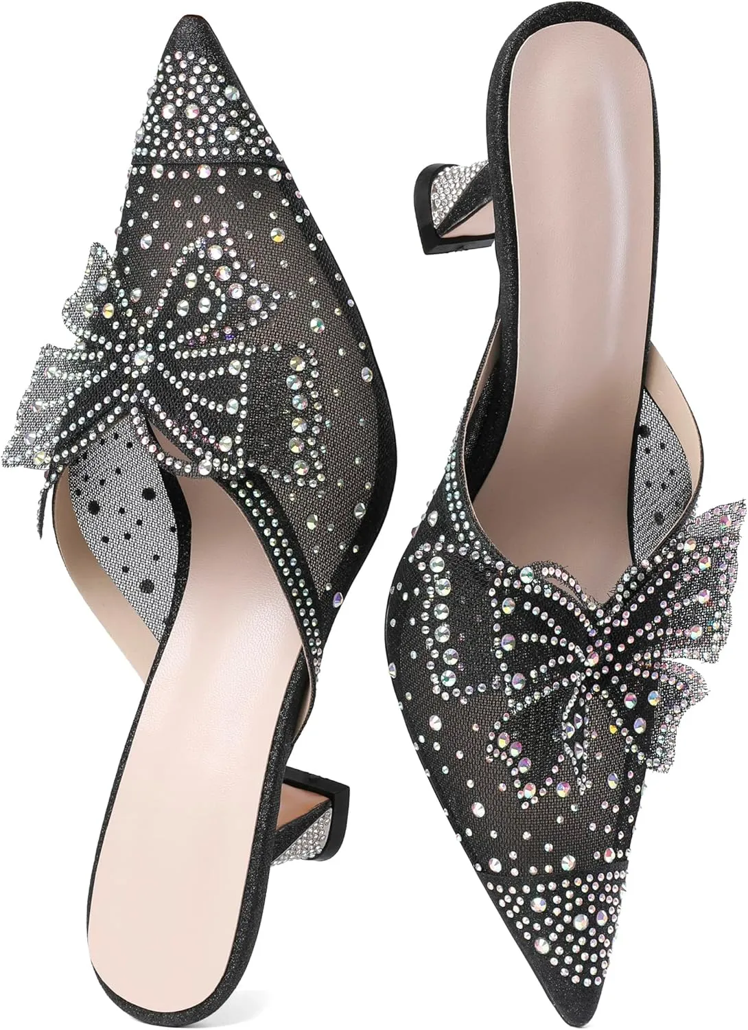 Zamikoo Women's Mule Sandals with Rhinestone, Pointed Toe Slip On Kitten Heel Sandals, Low Heel Mules with Bow, Sparkly Glitter Dress Mesh Pump Shoes for Summer