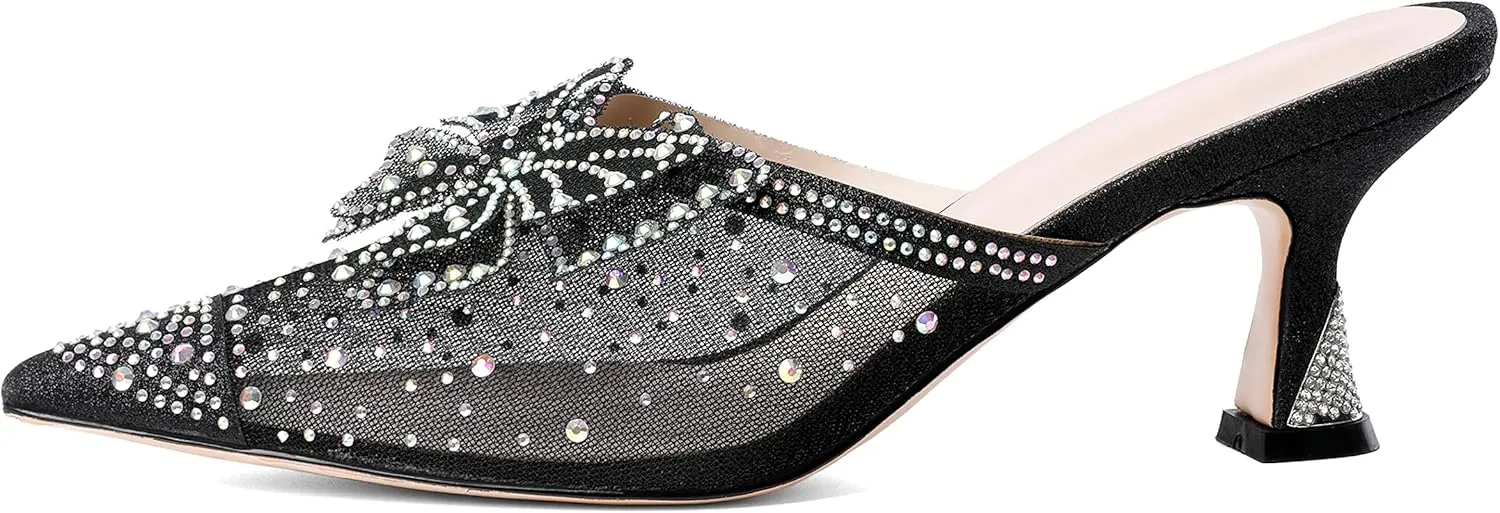 Zamikoo Women's Mule Sandals with Rhinestone, Pointed Toe Slip On Kitten Heel Sandals, Low Heel Mules with Bow, Sparkly Glitter Dress Mesh Pump Shoes for Summer