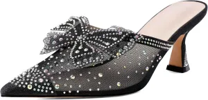 Zamikoo Women's Mule Sandals with Rhinestone, Pointed Toe Slip On Kitten Heel Sandals, Low Heel Mules with Bow, Sparkly Glitter Dress Mesh Pump Shoes for Summer