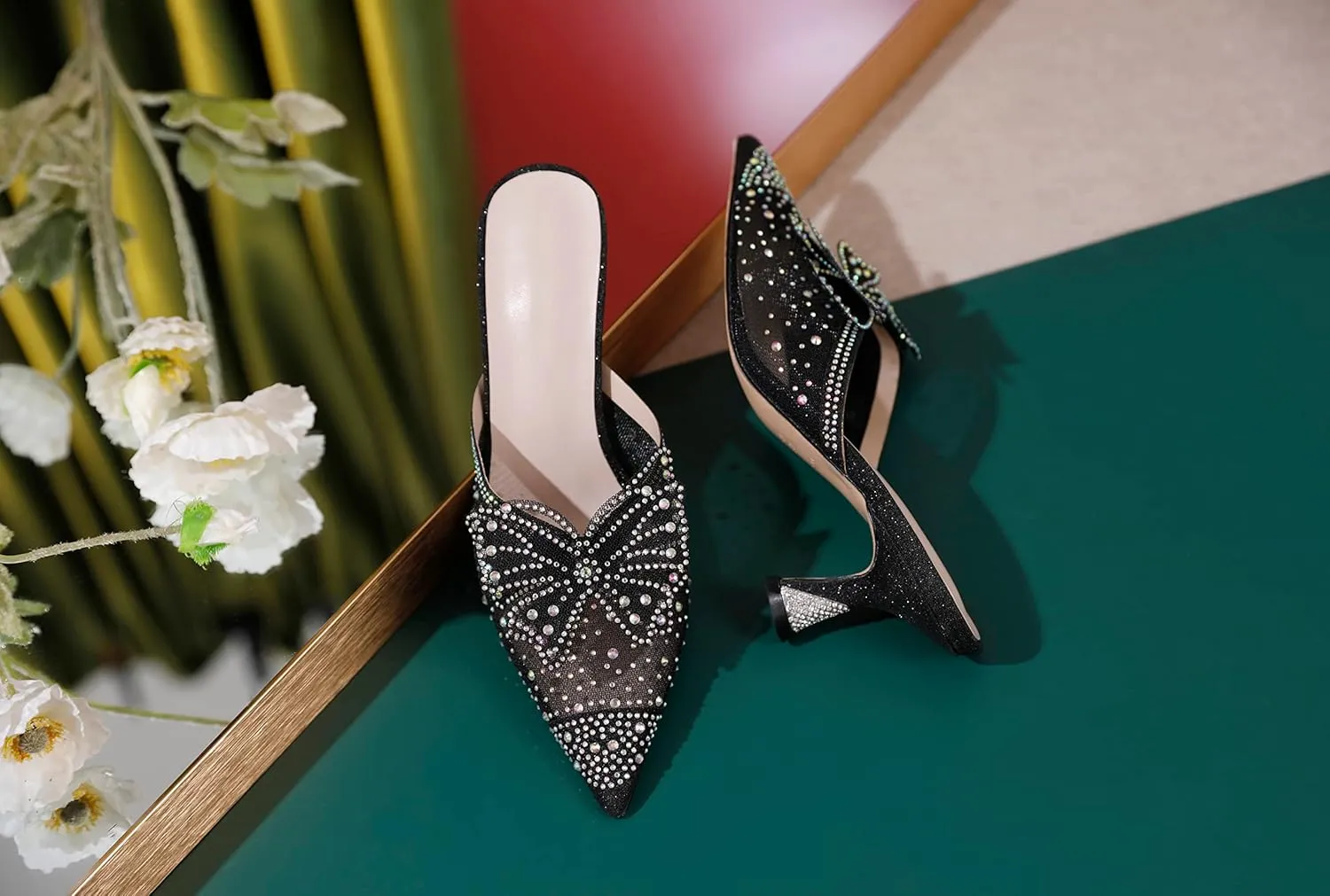 Zamikoo Women's Mule Sandals with Rhinestone, Pointed Toe Slip On Kitten Heel Sandals, Low Heel Mules with Bow, Sparkly Glitter Dress Mesh Pump Shoes for Summer