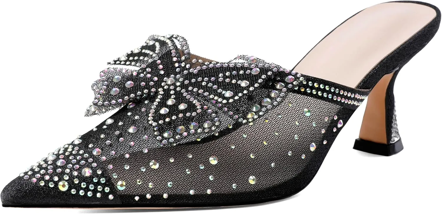 Zamikoo Women's Mule Sandals with Rhinestone, Pointed Toe Slip On Kitten Heel Sandals, Low Heel Mules with Bow, Sparkly Glitter Dress Mesh Pump Shoes for Summer