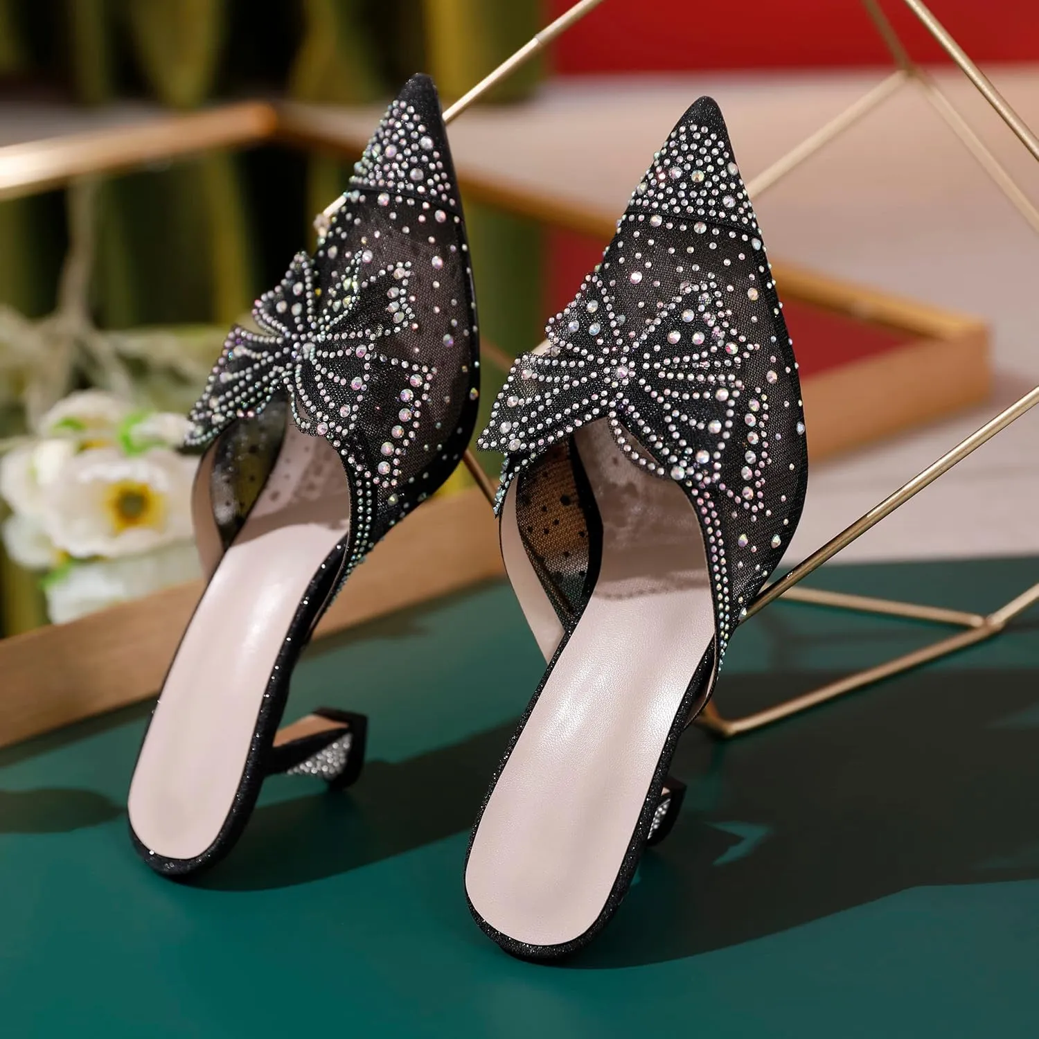 Zamikoo Women's Mule Sandals with Rhinestone, Pointed Toe Slip On Kitten Heel Sandals, Low Heel Mules with Bow, Sparkly Glitter Dress Mesh Pump Shoes for Summer