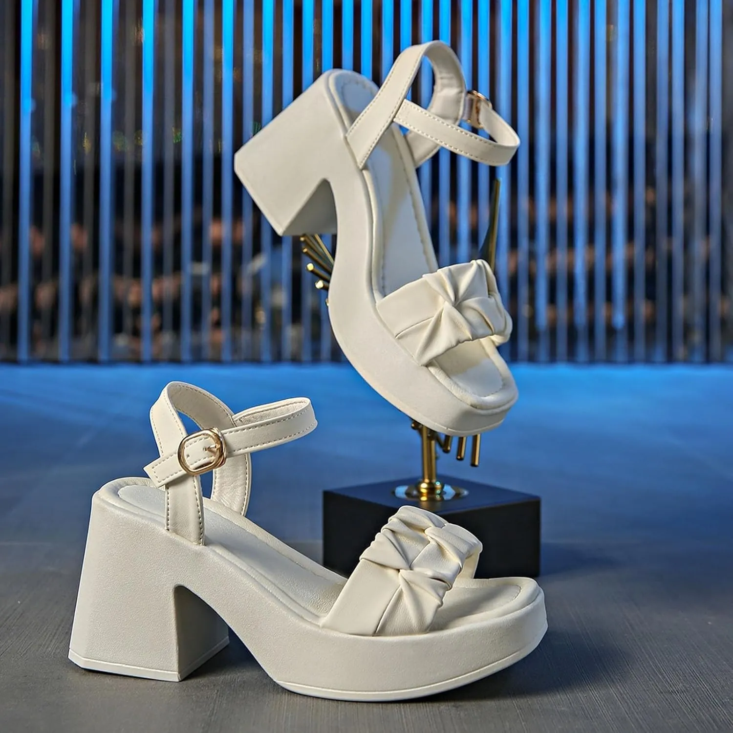 ZSpzx 2025 Women's Chunky Platform Sandal Peep Toe Solid Color Hollow Strappy Sandal Ladies High Heels Sandal Comfortable Non Slip Cushion Footbed Shoes for Wedding Bridal Evening Cocktail