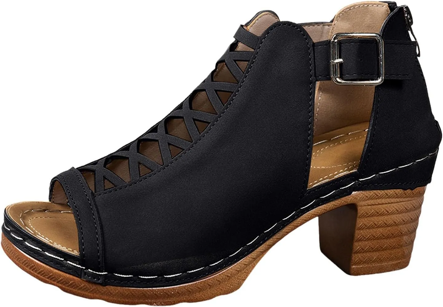 ZSpzx Block Heels Sandals for Women 2025 Peep Toe Lace Up Sandal Adjustable Strappy Chunky Heel Slingback Hollow Out Comfortable Cushion Footbed Recovery Orthopedic Casual Shoes for Outdoor Indoor