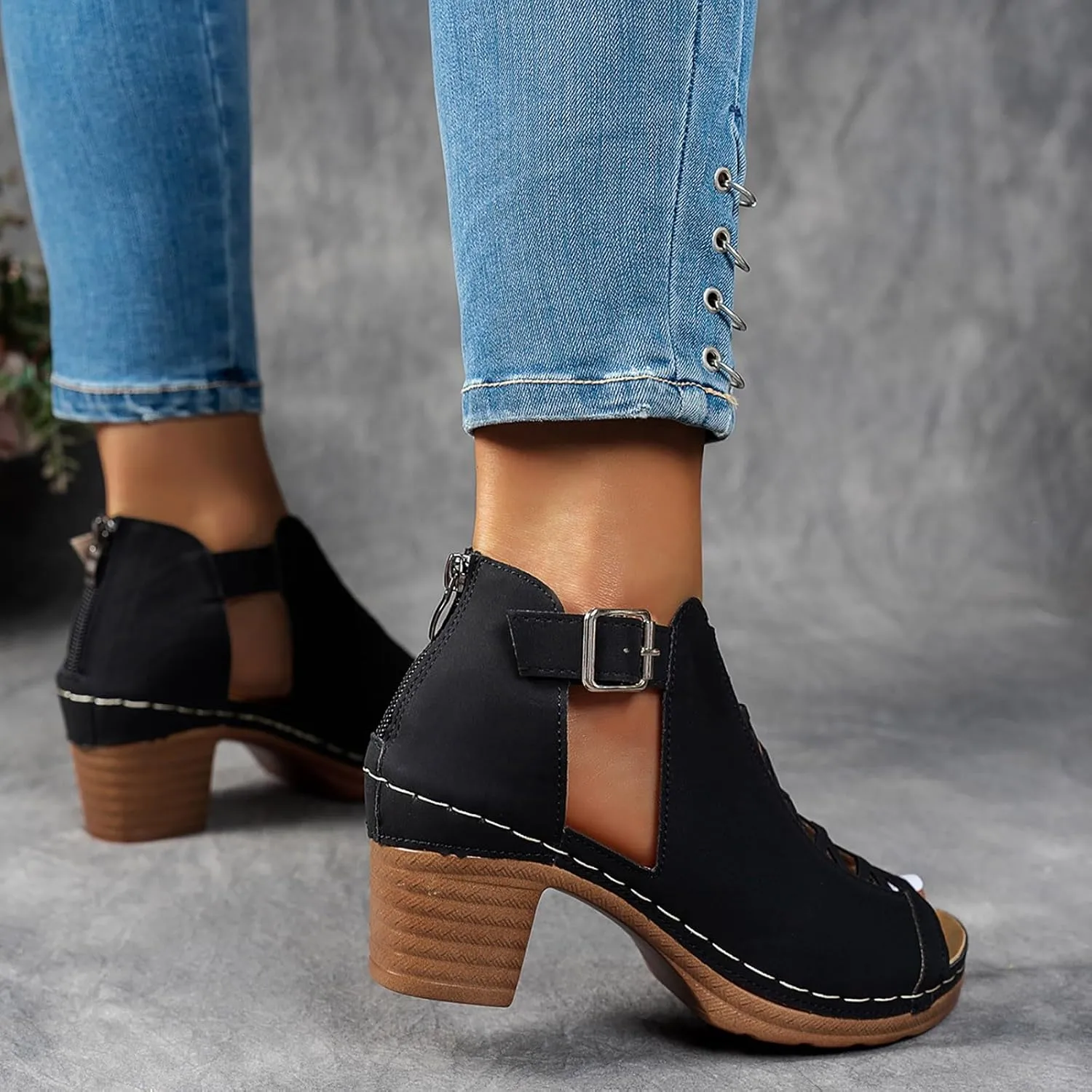 ZSpzx Block Heels Sandals for Women 2025 Peep Toe Lace Up Sandal Adjustable Strappy Chunky Heel Slingback Hollow Out Comfortable Cushion Footbed Recovery Orthopedic Casual Shoes for Outdoor Indoor