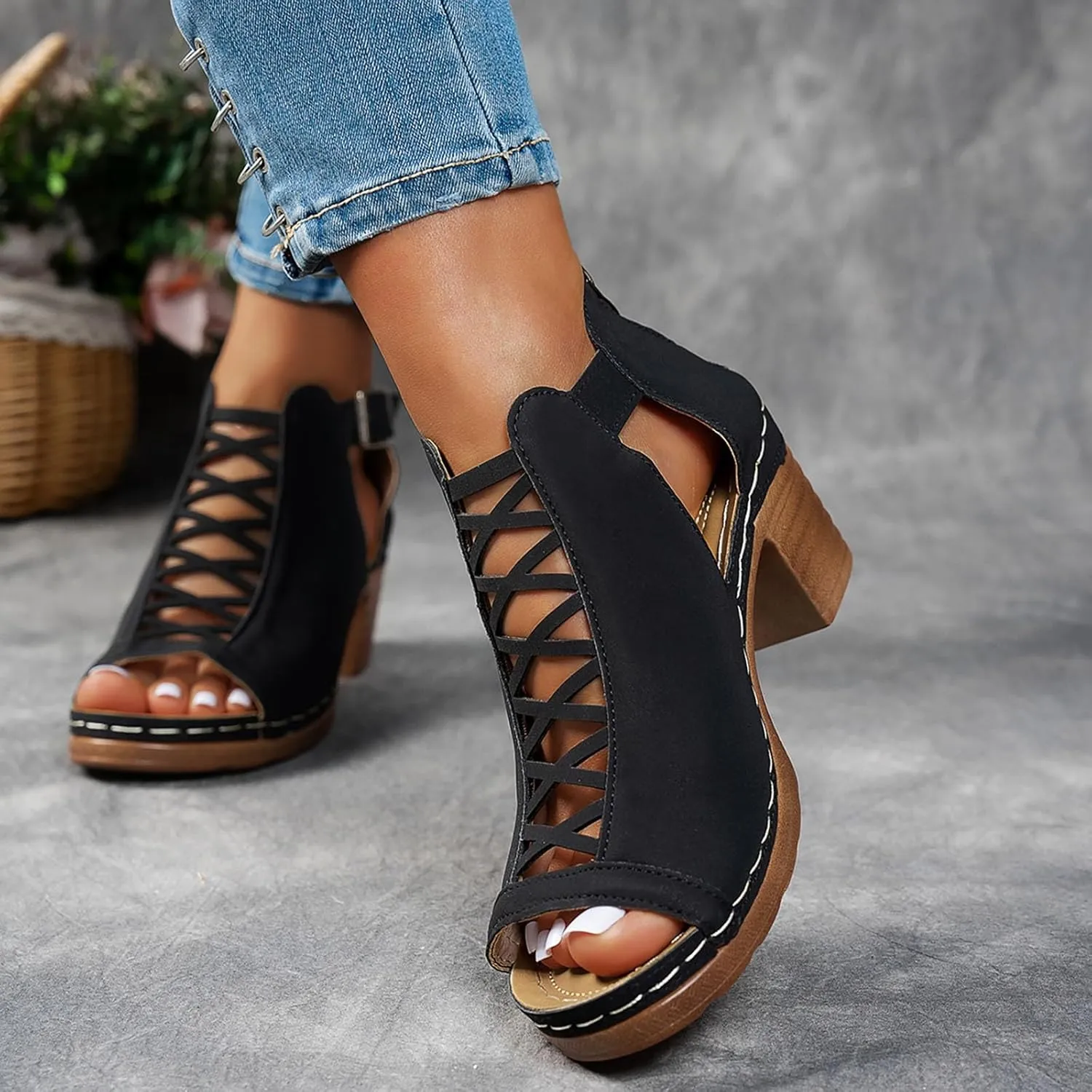 ZSpzx Block Heels Sandals for Women 2025 Peep Toe Lace Up Sandal Adjustable Strappy Chunky Heel Slingback Hollow Out Comfortable Cushion Footbed Recovery Orthopedic Casual Shoes for Outdoor Indoor