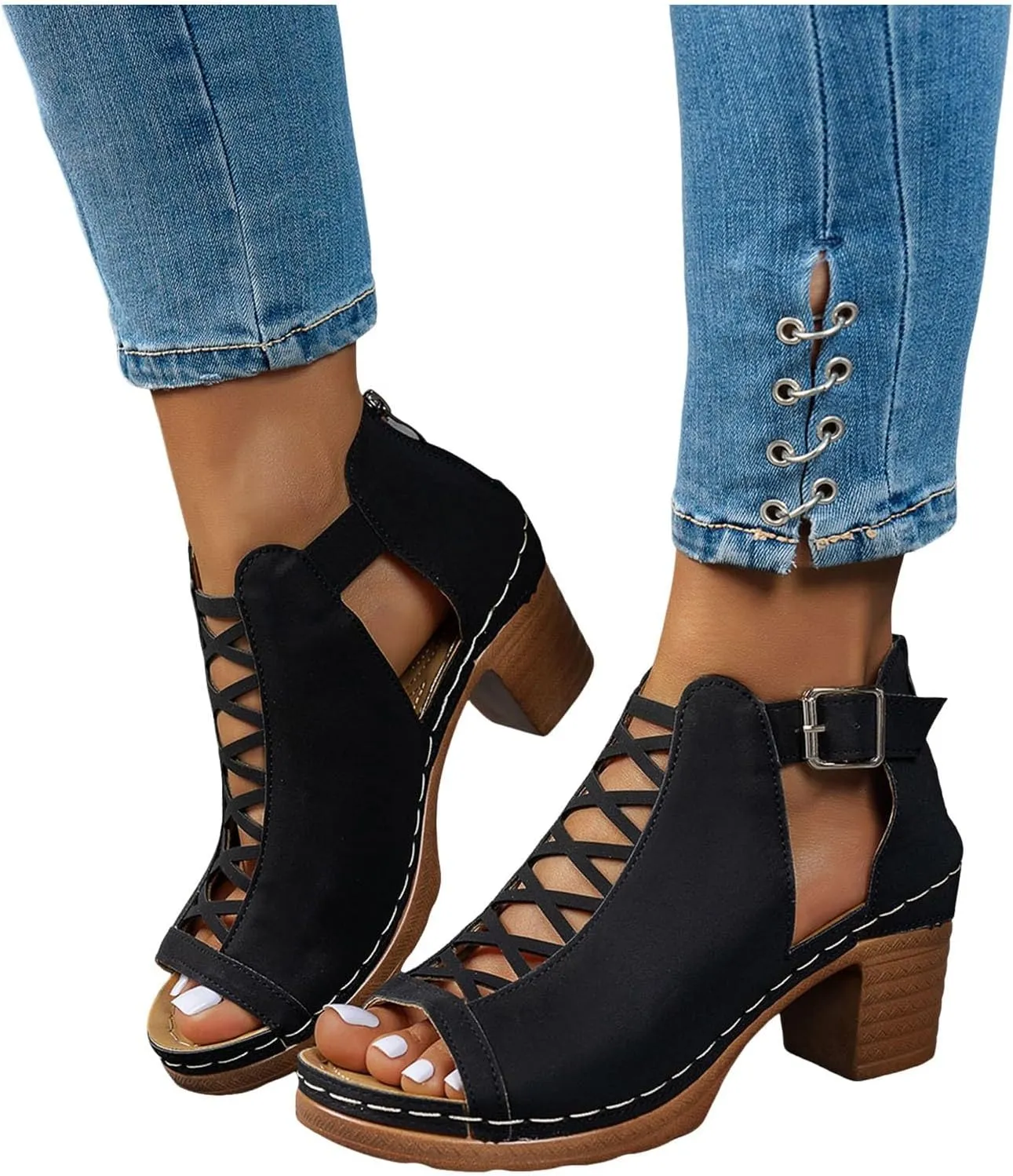 ZSpzx Block Heels Sandals for Women 2025 Peep Toe Lace Up Sandal Adjustable Strappy Chunky Heel Slingback Hollow Out Comfortable Cushion Footbed Recovery Orthopedic Casual Shoes for Outdoor Indoor
