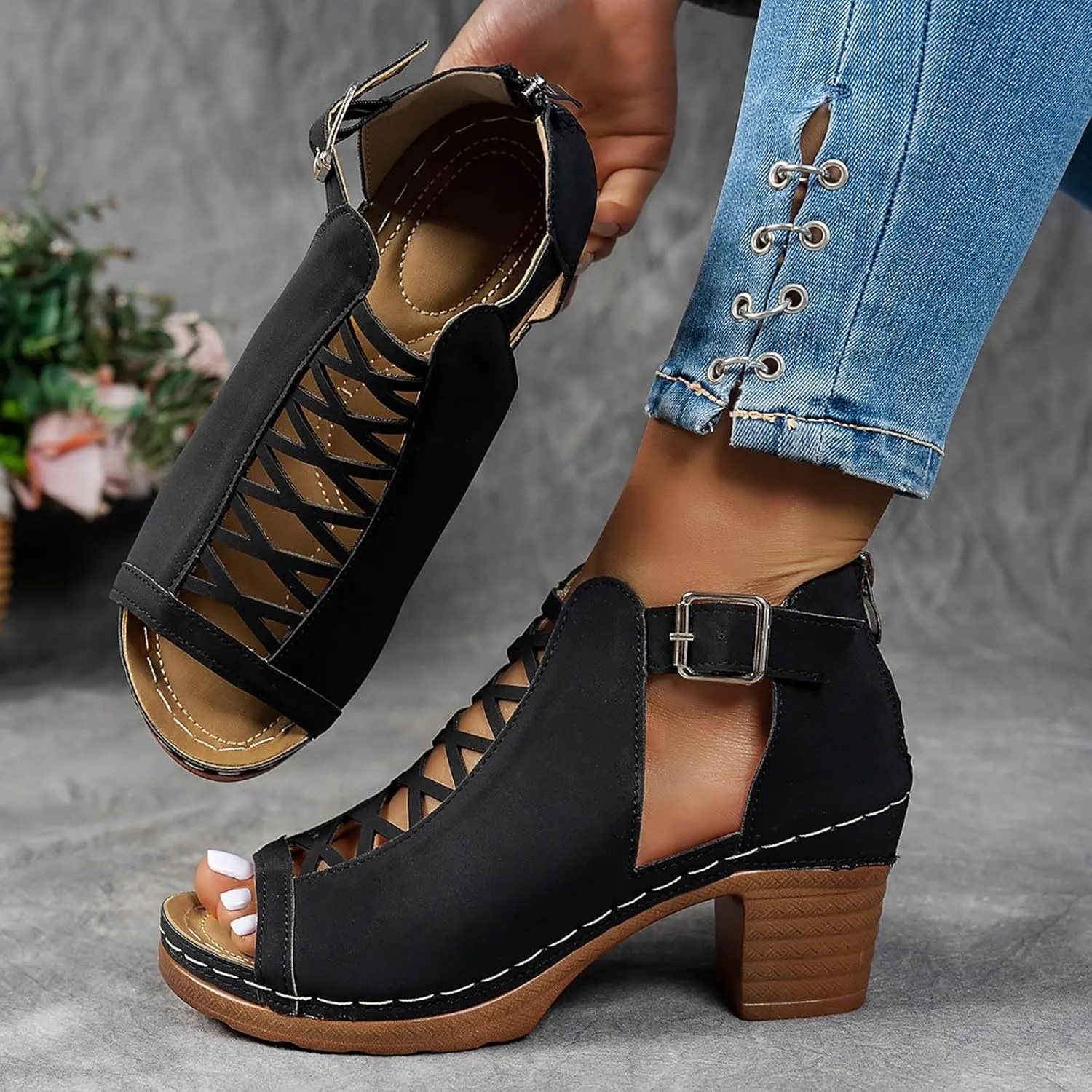 ZSpzx Block Heels Sandals for Women 2025 Peep Toe Lace Up Sandal Adjustable Strappy Chunky Heel Slingback Hollow Out Comfortable Cushion Footbed Recovery Orthopedic Casual Shoes for Outdoor Indoor