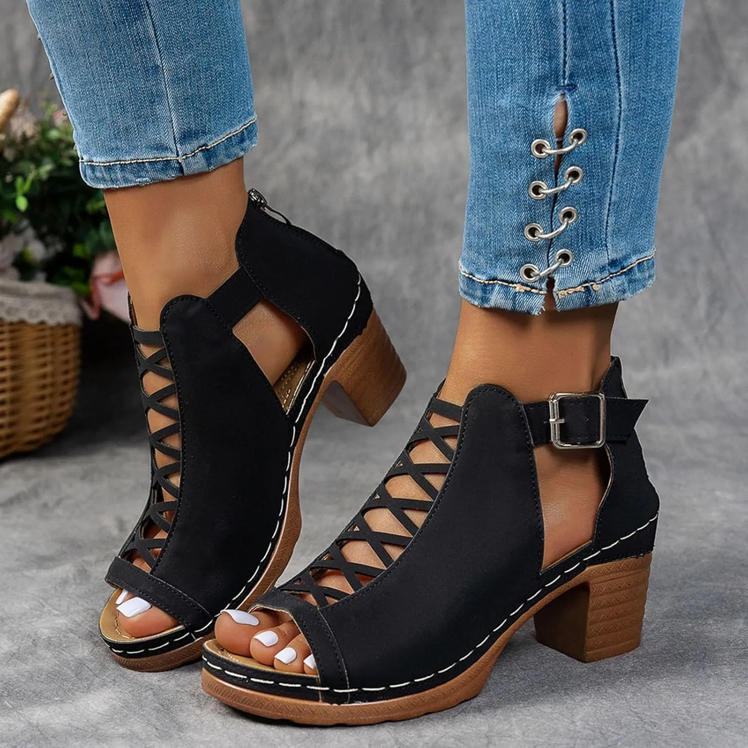 ZSpzx Block Heels Sandals for Women 2025 Peep Toe Lace Up Sandal Adjustable Strappy Chunky Heel Slingback Hollow Out Comfortable Cushion Footbed Recovery Orthopedic Casual Shoes for Outdoor Indoor