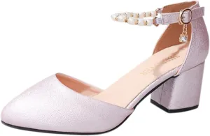 ZSpzx Chunky Heels for Women Pointed Closed Toe Rearls Rhinestones Sparkly Adjustable Strap Block Sandals Ladies Summer Comfortable Backless Orthopedic Dress Shoes for Party Prom Wedding Bridal
