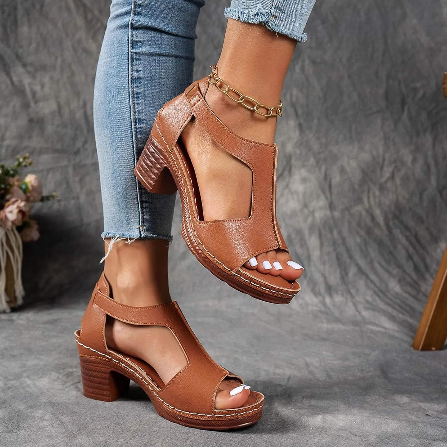 ZSpzx Chunky Heels Sandals for Women 2025 Dressy T-Strap Cutout Comfortable Block Sandal Buckle Mid Heeled Orthopedic Elastic Ladies Cushion Footbed Casual Shoes for Party Wedding Walking Vacation
