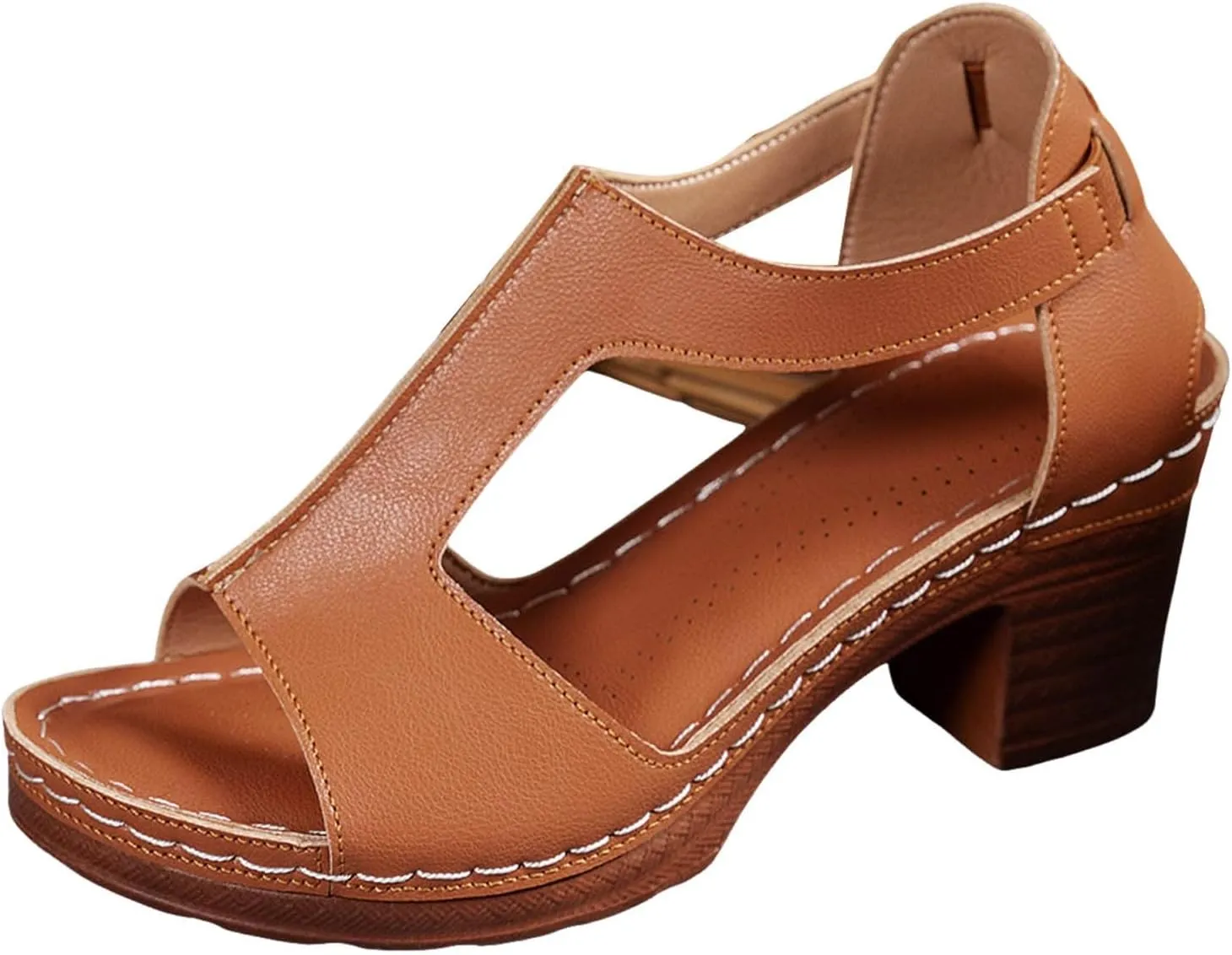 ZSpzx Chunky Heels Sandals for Women 2025 Dressy T-Strap Cutout Comfortable Block Sandal Buckle Mid Heeled Orthopedic Elastic Ladies Cushion Footbed Casual Shoes for Party Wedding Walking Vacation
