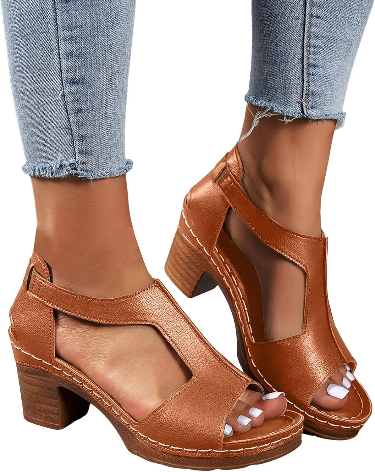 ZSpzx Chunky Heels Sandals for Women 2025 Dressy T-Strap Cutout Comfortable Block Sandal Buckle Mid Heeled Orthopedic Elastic Ladies Cushion Footbed Casual Shoes for Party Wedding Walking Vacation