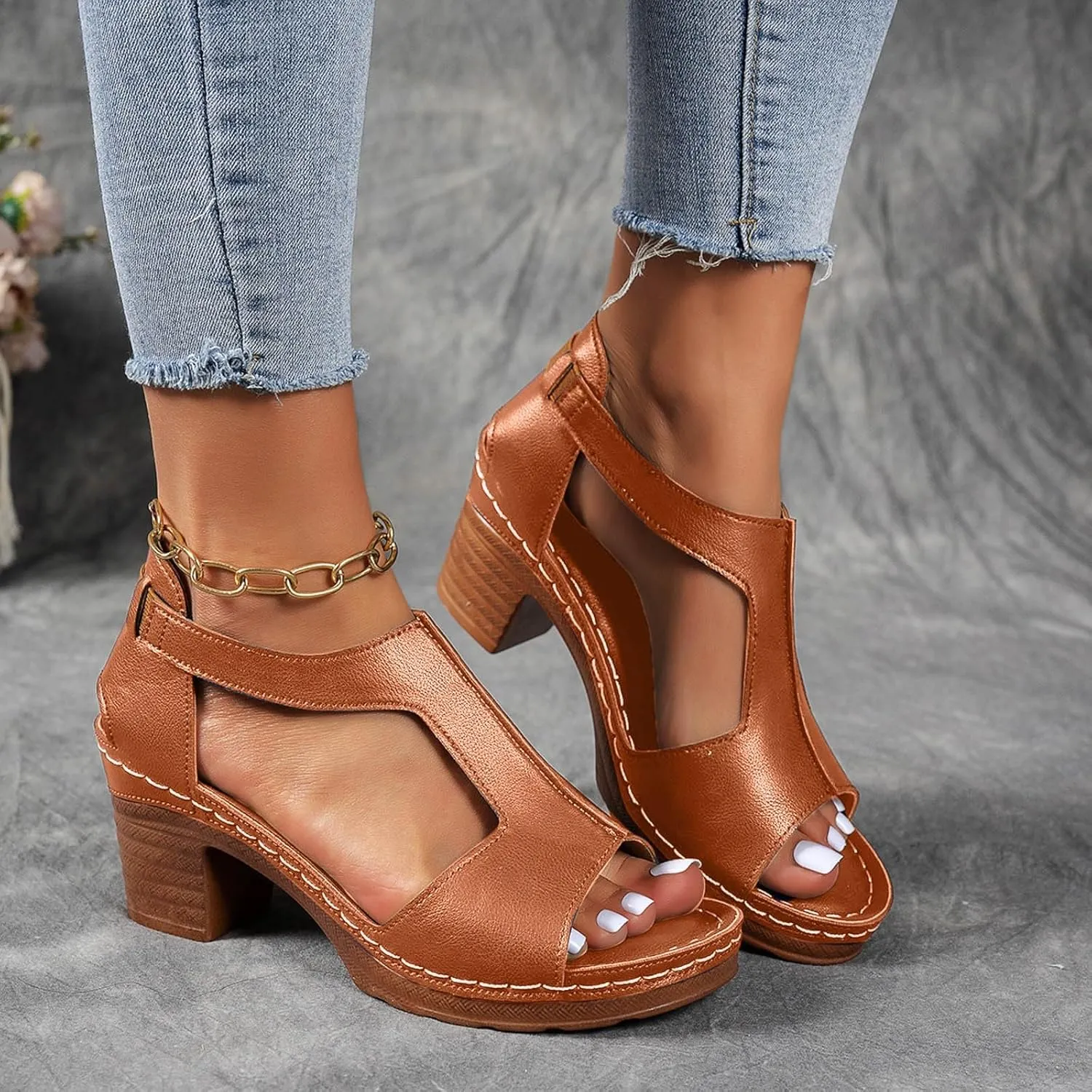 ZSpzx Chunky Heels Sandals for Women 2025 Dressy T-Strap Cutout Comfortable Block Sandal Buckle Mid Heeled Orthopedic Elastic Ladies Cushion Footbed Casual Shoes for Party Wedding Walking Vacation
