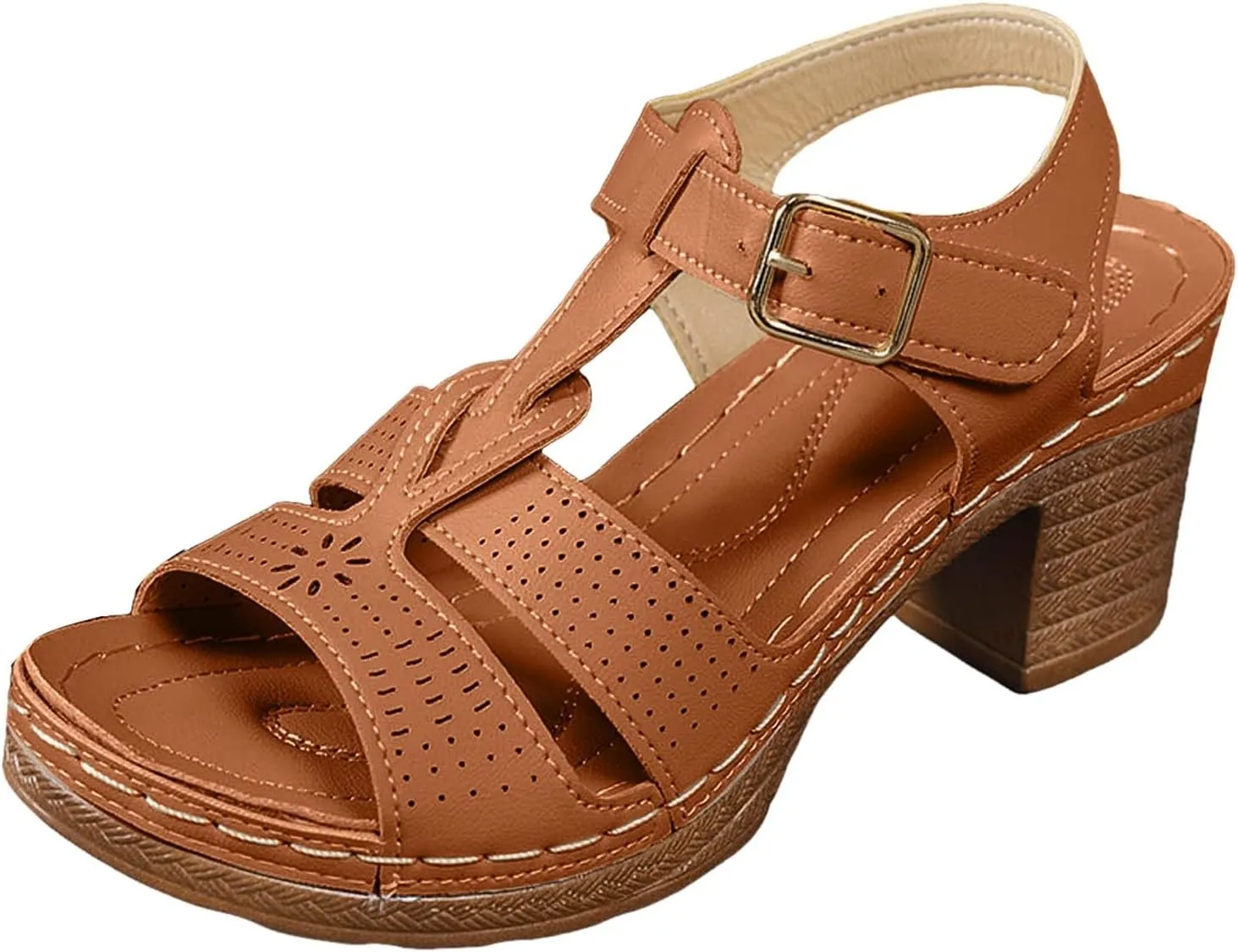 ZSpzx Chunky Heels Sandals for Women 2025 Peep Toe T-strap Strappy Cutout Block Sandal Ladies Cushion Footbed Recovery Orthopedic Casual Slingback Comfortable Shoes for Daily Wear Outdoor Indoor