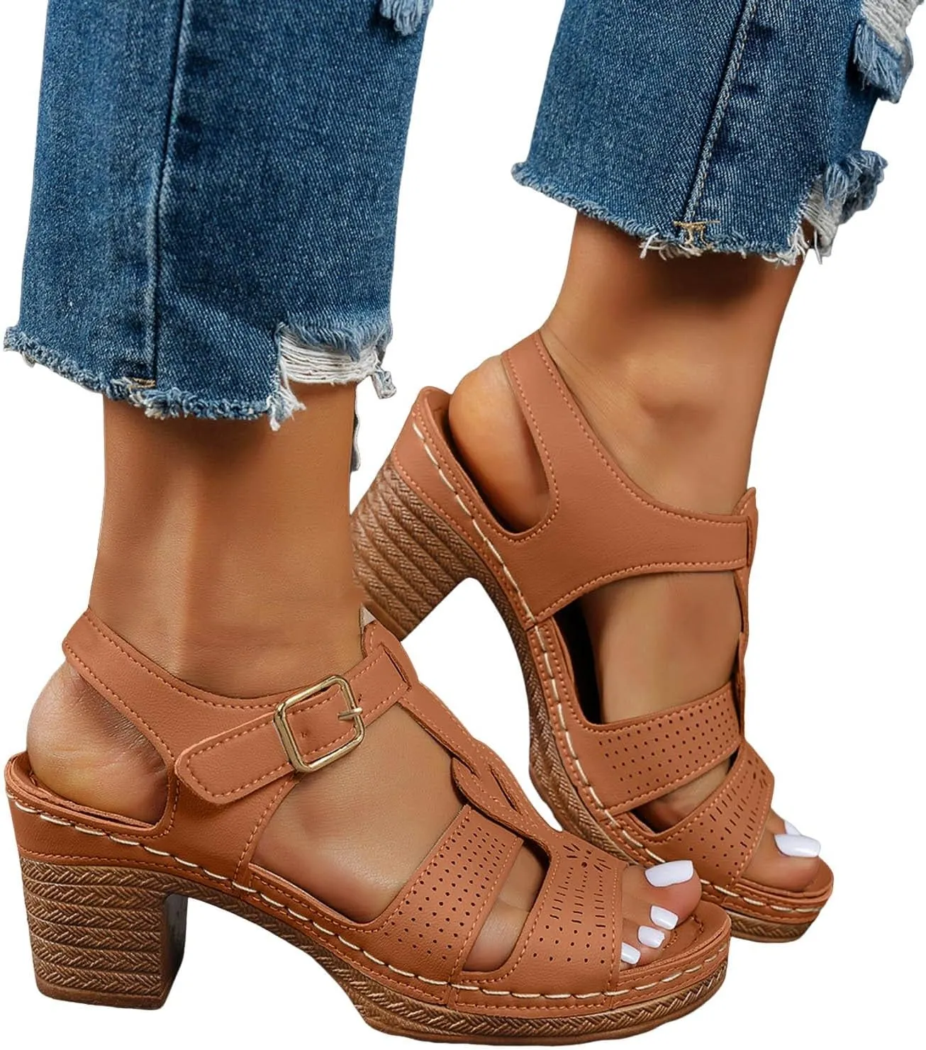 ZSpzx Chunky Heels Sandals for Women 2025 Peep Toe T-strap Strappy Cutout Block Sandal Ladies Cushion Footbed Recovery Orthopedic Casual Slingback Comfortable Shoes for Daily Wear Outdoor Indoor