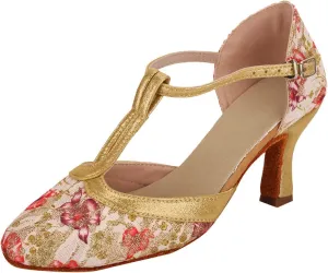 ZSpzx Closed Toe Block Sandals for Women Pointed Toes Kitten Heels Sparkly Slip On T-Strap Orthopedic Sandal Mid Heeled Comfortable Embroidered Flower Dressy Latin Shoes for Wedding Bridal Prom