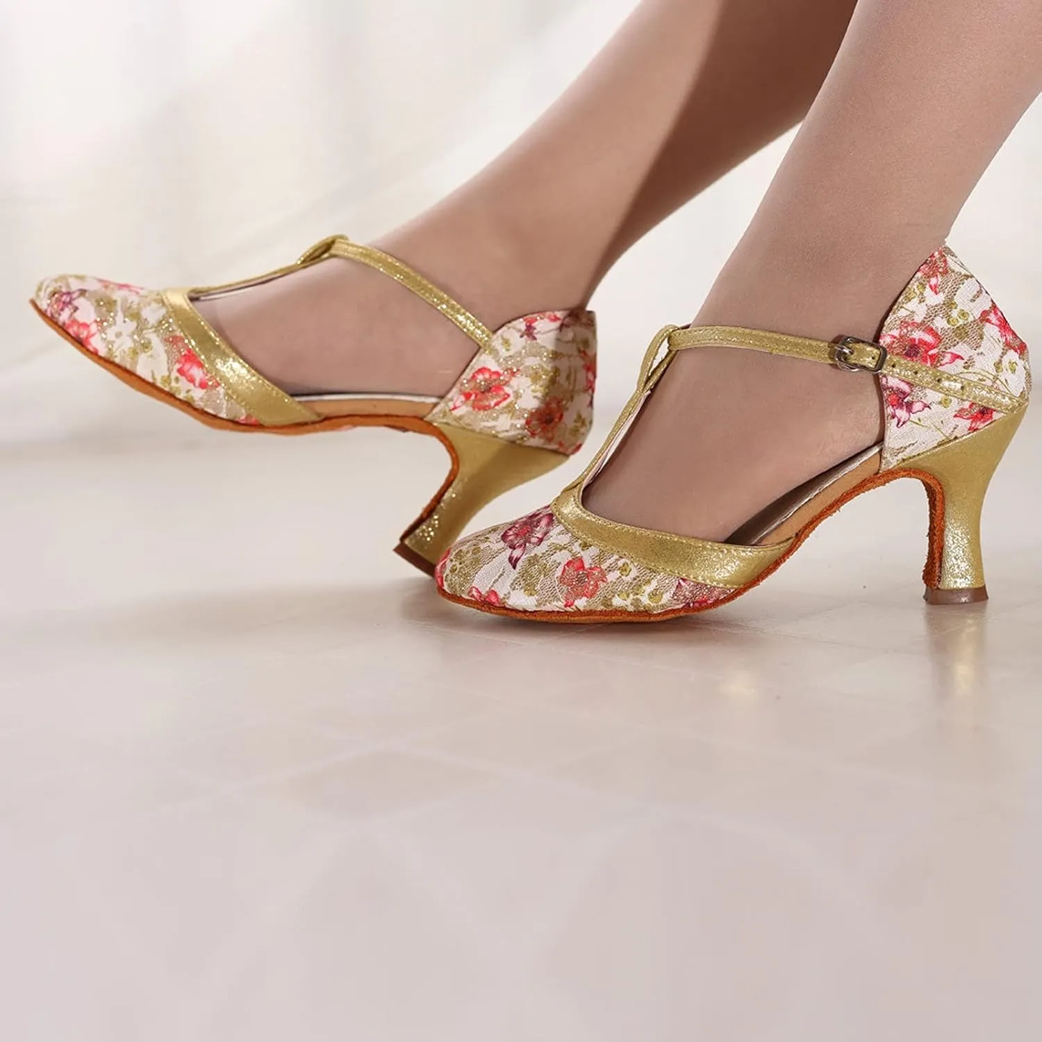 ZSpzx Closed Toe Block Sandals for Women Pointed Toes Kitten Heels Sparkly Slip On T-Strap Orthopedic Sandal Mid Heeled Comfortable Embroidered Flower Dressy Latin Shoes for Wedding Bridal Prom