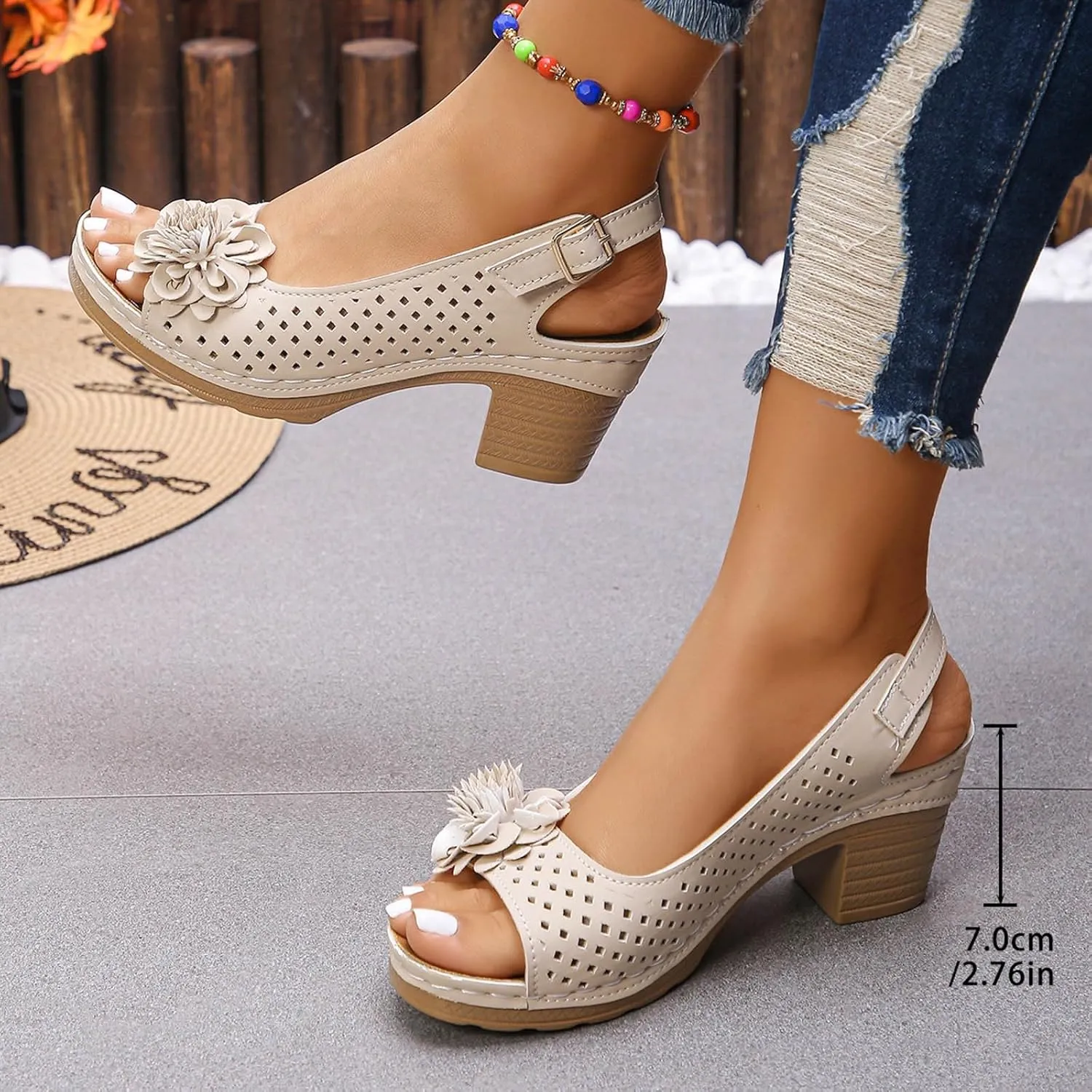 ZSpzx Women's Block Heel Sandals 2025 Comfortable Dressy Ladies Peep Toe Flowers Comfortable Hollow Out Slingback Sandals Chunky Cut-Out Leather Dressy Adjustable Strappy Shoes for Daily Wear