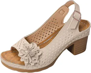 ZSpzx Women's Block Heel Sandals 2025 Comfortable Dressy Ladies Peep Toe Flowers Comfortable Hollow Out Slingback Sandals Chunky Cut-Out Leather Dressy Adjustable Strappy Shoes for Daily Wear