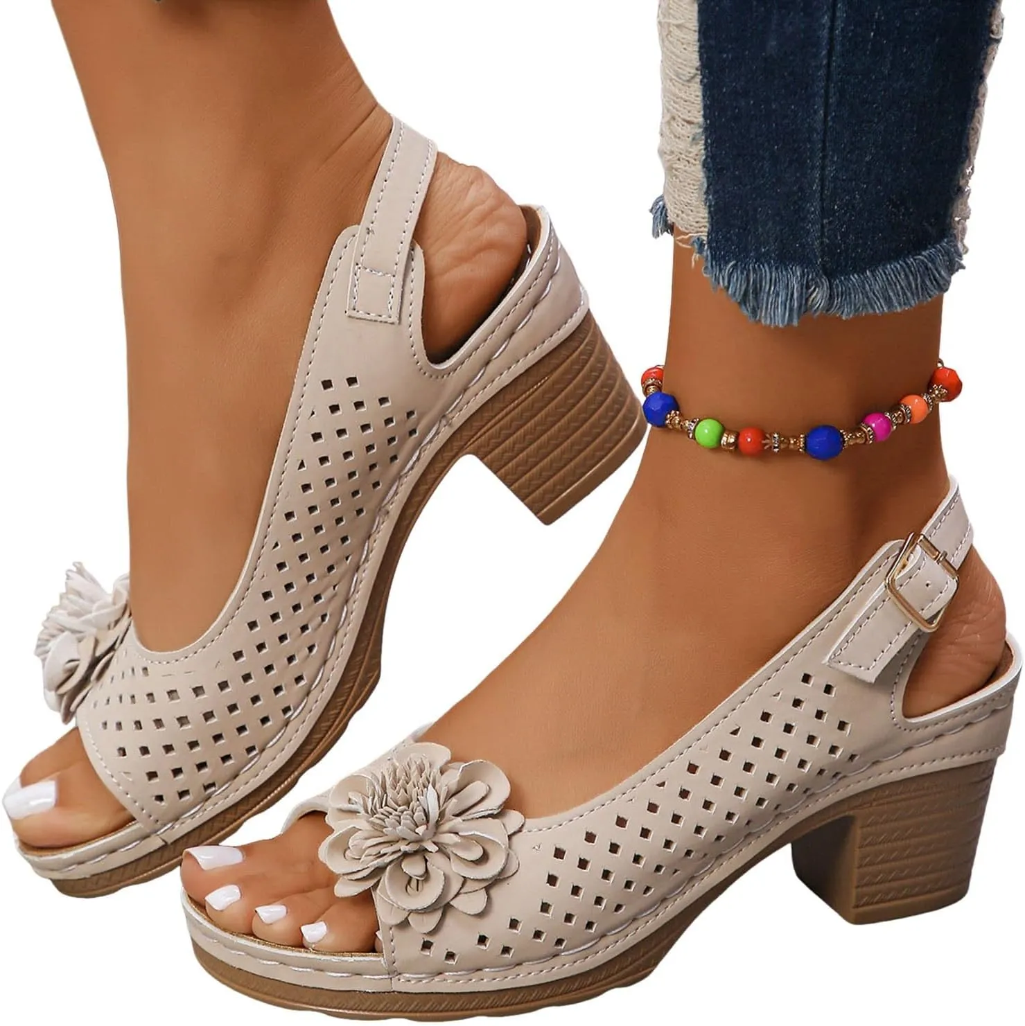 ZSpzx Women's Block Heel Sandals 2025 Comfortable Dressy Ladies Peep Toe Flowers Comfortable Hollow Out Slingback Sandals Chunky Cut-Out Leather Dressy Adjustable Strappy Shoes for Daily Wear