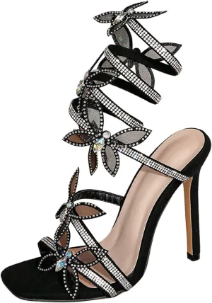 ZSpzx Women's Gladiator Heels Sandals with Butterfly Rhinestones Strap Square Toe Stiletto High Heeled Sparkly Slip On Sandal Slingback Fashion Sexy Dressy Shoes for Wedding Bridal Evening Cocktail